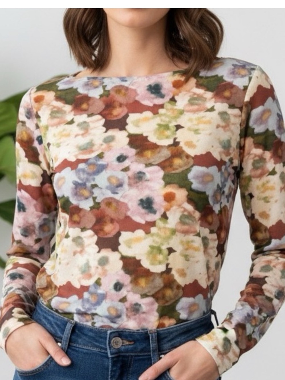 CHARLIE B Botanical Printed Mesh Top Ruched Sides Size Large